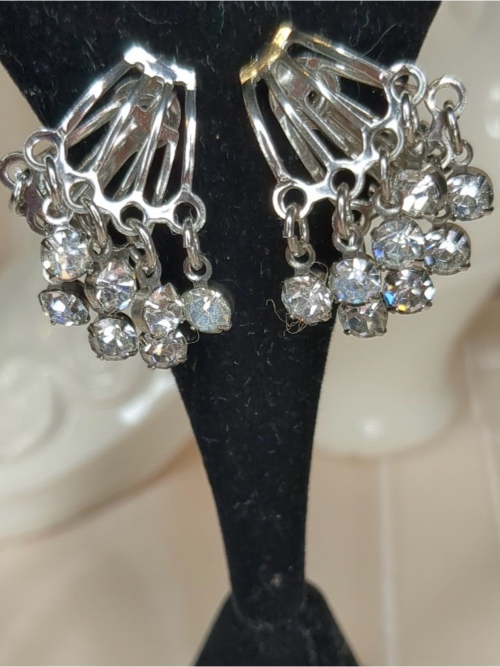 VINTAGE MCM Silver-Tone Crystal Cluster Clip-On Earrings